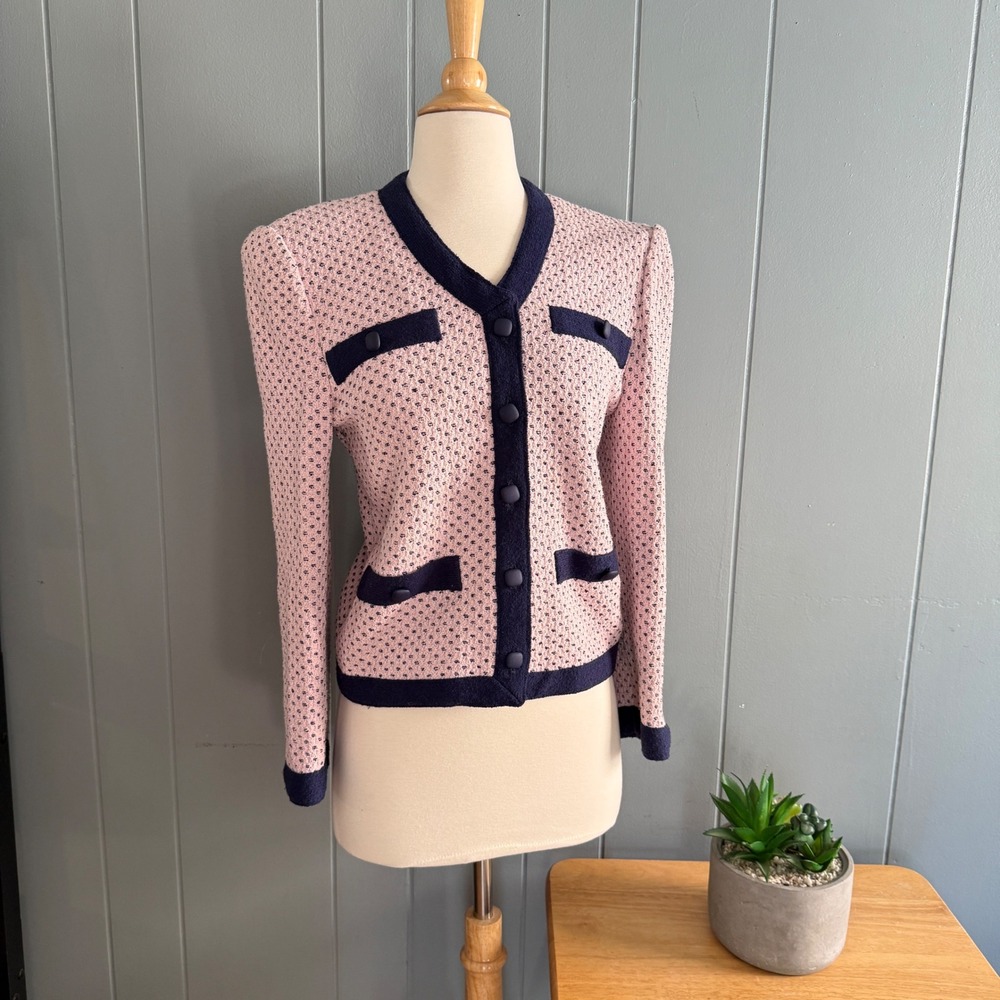 Castleberry Vintage 80s Womens Pink Navy Boucle Cardigan Jacket ILGWU Union Sz 6